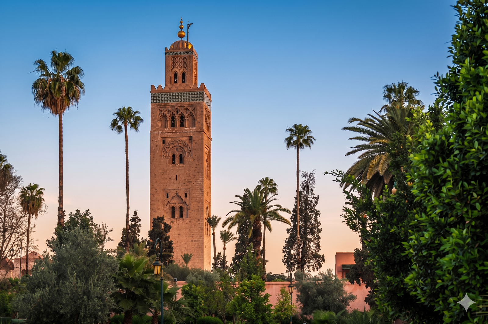 A scenic view of the tall sandstone Koutoubia Mosque minaret towering over Lalla Hasna Park in Marrakech, featuring a tiled water fountain in the foreground and a tree-lined walkway with palm trees under a bright blue sky.