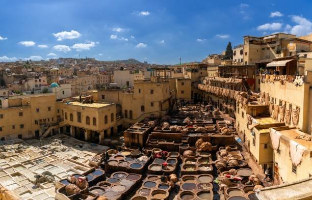 An elevated, high-angle panoramic view of the historic Chouara Tannery stone vessels in the Fes medina, with dyed leather hanging from surrounding multi-story buildings during a private tour of Morocco.