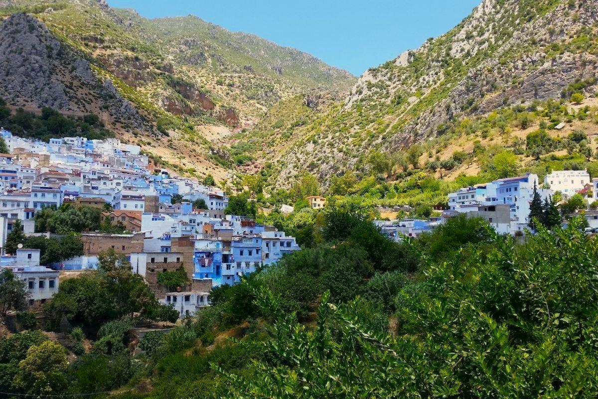Chefchaouen Blue City and Rif Mountains | Private Tours of Morocco - Rafia Morocco Tours - Rafia Morocco Tours Scenic wide shot of the blue-washed houses of Chefchaouen nestled in a lush green valley at the base of the rocky Rif Mountains, visited during a custom private tour of Morocco.