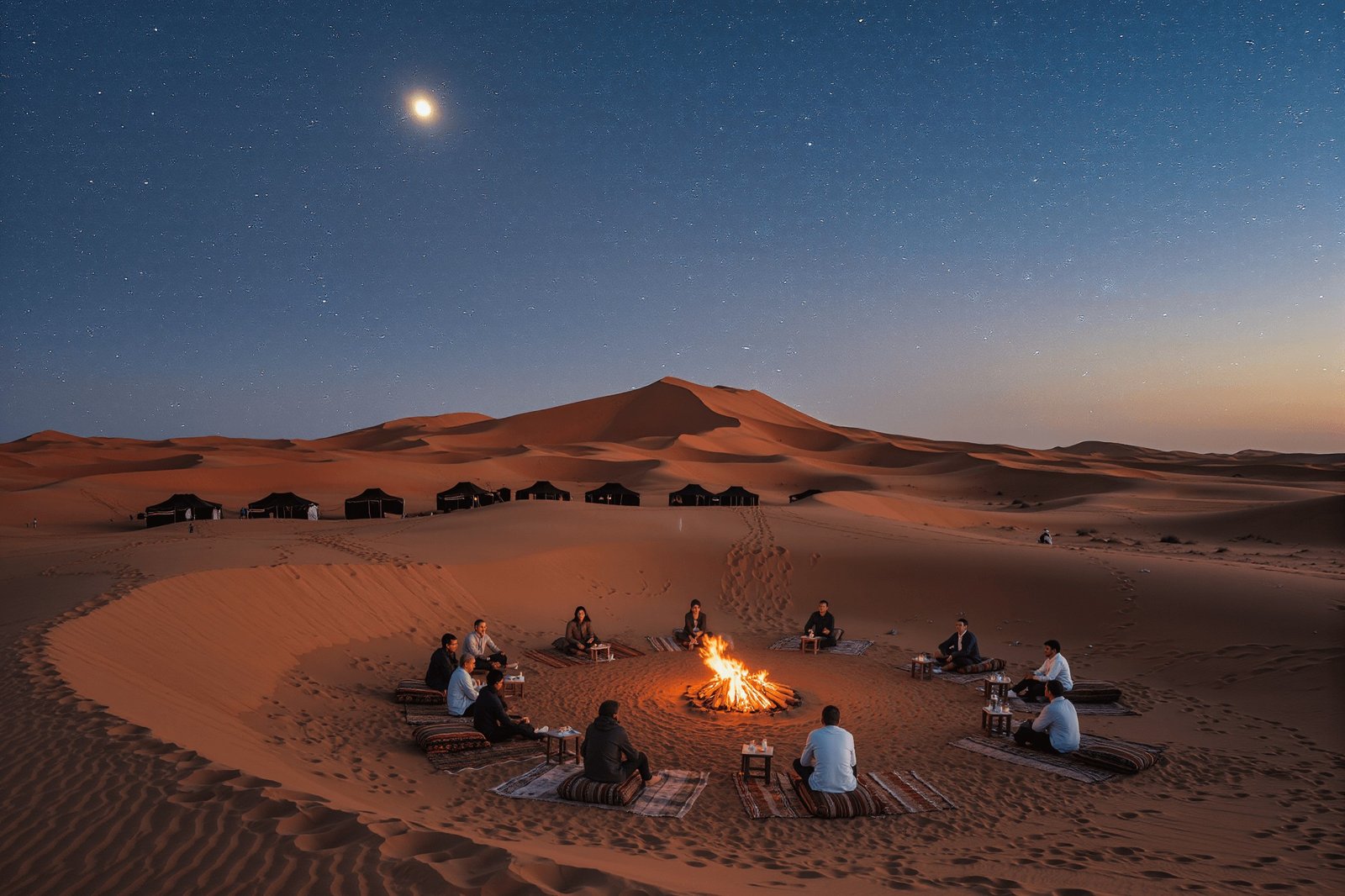 Sahara Desert Luxury Camp Experience | Private Morocco Tours - Rafia Morocco Tours - Rafia Morocco Tours A group of travelers sitting around a campfire at a luxury desert camp in the Sahara sand dunes under a starry night sky during a private tour of Morocco.